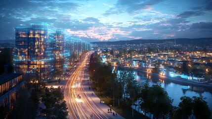 Wall Mural - A modern cityscape at twilight reflects on the river, with street lights and buildings shimmering in the evening glow.