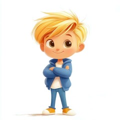 Canvas Print - A cute little boy with bright blond hair, dressed in blue, captured in a fullbody, realistic illustration.