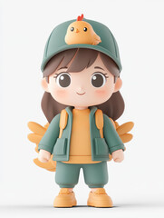 Adorable Chibi girl in a chicken hat, showcasing stylish tech elements and vibrant colors. Perfect for toy collectors