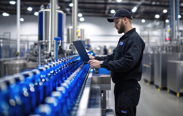 Canvas Print - A worker in black workwear, with an open laptop on their lap while standing next to the blue beer carton filling machine on the production line