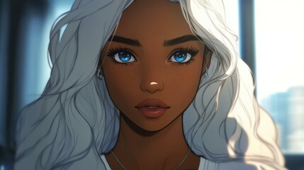 Canvas Print - A stunning yearold woman with brown skin and long silver hair, her blue eyes reveal untold emotions in anime style.