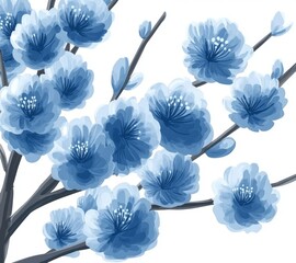 Wall Mural - Illustration of a branch with blue flowers in watercolor and ink. A sumi-e, u-sin painting on white.