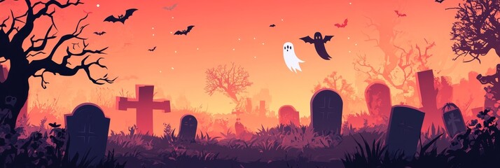 Wall Mural - A flat graphic illustration of a spooky Halloween graveyard scene with a ghostly figure, bats flying in the orange sunset sky, and tall tombstones, creating a mysterious and eerie atmosphere.