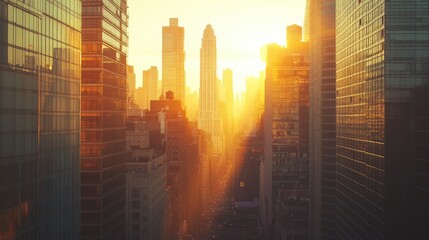 Poster - Cityscape at dawn with the sun rising between tall buildings, bathing the urban landscape in a soft, golden glow and highlighting the outlines of the skyscrapers.