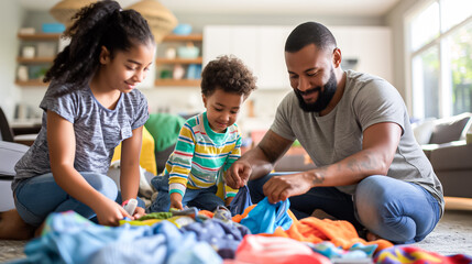 A father and his two children enjoy quality time together as they sort through various colorful garments in their cozy living room on a sunny day