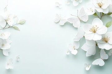 Wall Mural - White Flower paper style, paper mache flower, Butterfly paper fly, 3d rendering, with clipping path.