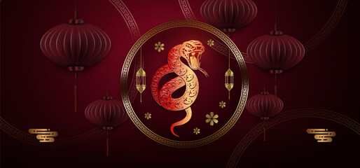 Wall Mural - Happy Chinese new year 2025, round frame with snake, Asian elements in burgundy and gold.