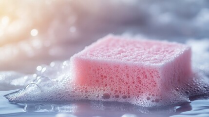 Wall Mural - A pink sponge on a wet, soapy countertop, surrounded by bubbles and soap suds, symbolizing cleanliness.