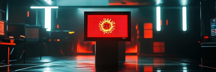 Canvas Print - A futuristic computer room with a glowing screen displaying a virus symbol. The scene evokes a sense of danger, urgency, and the potential for technological disruption.