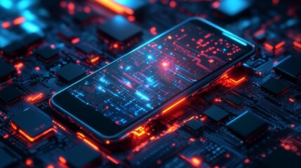 Wall Mural - A futuristic smartphone lies on a circuit board with glowing red and blue circuits. The image represents the connection between technology and the future, the power of computing, and the integration o