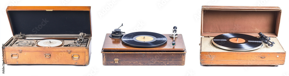 Three Types of Vintage Turntables in Open and Closed Cases Isolated on ...
