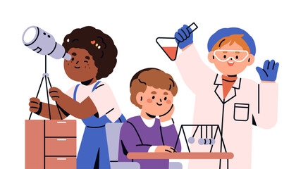Poster - School kids studying natural science subjects. Happy children learning astronomy, chemistry and physics. Happy elementary pupils, schoolkids. Flat vector illustration isolated on white background