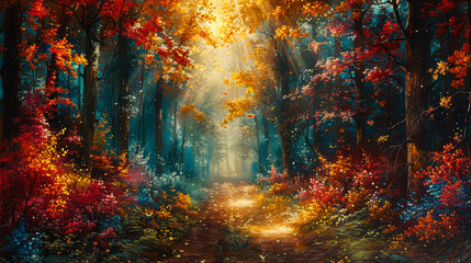 A mystical forest path illuminated by golden sunlight filtering through vibrant autumn leaves, ideal for nature themes, storytelling backdrops, or relaxation and meditation content creation,