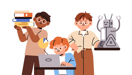Poster - School students group learning technology, robotics and coding. Children, boys studying together. Kids education with computer and books. Flat vector illustration isolated on white background