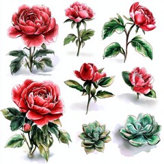 Wall Mural - Colored watercolor set with succulents, roses, peonies, and leaves.