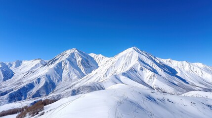 Poster - Snowy Mountain Peaks with Blue Sky and Ski Tracks