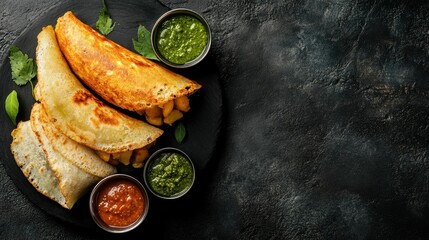 Wall Mural - Masala dosa with potato filling, served with sambar and chutney. Top view with copy space.