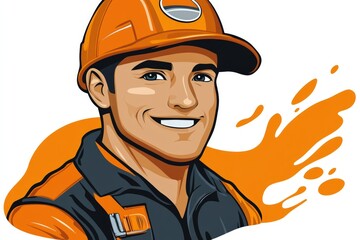 Wall Mural - A smiling cartoon construction worker wearing an orange hard hat and vest.