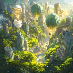 Wall Mural - An aerial view of a futuristic city with hot air balloons flying over a green landscape with tall buildings and trees.