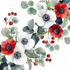 Poster - Hand painted watercolor seamless bouquet with red and white anemones. Eucalyptus branches, leaves, berries isolated on white background. Design, print.