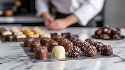 A selection of freshly made chocolate bonbons on a marble countertop, with a chocolatier in the background.