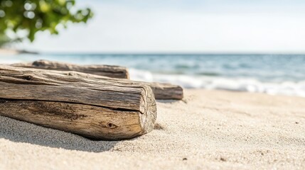 Sticker - Driftwood on Sandy Beach with Ocean in Background