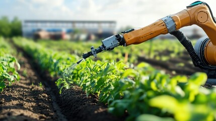 A smart robotic arm watering plants in a modern agricultural field with precise technology.