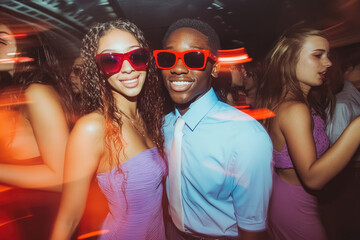 Wall Mural - A group of friends enjoying themselves at the nightclub, dancing and laughing while wearing sunglasses.