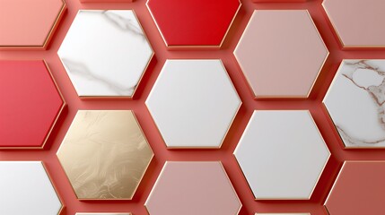 Wall Mural - Arranged Hexagonal Podiums with Golden Rim for Multiple Product Display or Mockup on Red Background