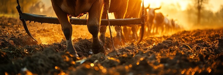 A pair of oxen work tirelessly in a field, pulling a plow through the rich soil. The setting sun casts a warm glow on the scene, highlighting the animals' powerful muscles and the strength of the yoke