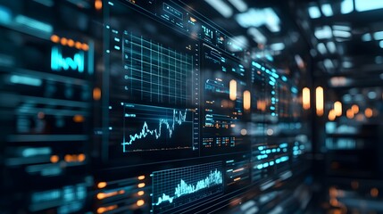 Poster - Holographic interface showcasing a digital market dashboard with real time data visualization charts and analytics for financial investment and business intelligence