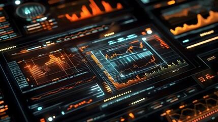 Aufkleber - a futuristic holographic display showcasing an interactive investment portfolio with detailed financ