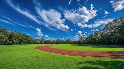 Wall Mural - A vibrant running track with lush green grass and a stunning blue sky with fluffy white clouds.