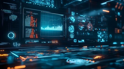 Poster - A holographic futuristic financial analysis tool featuring a comprehensive dashboard with various data visualizations and performance indicators for advanced market monitoring and business insights