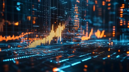 Poster - Dynamic holographic visualization illustrating the latest trends and fluctuations in the cryptocurrency market using futuristic digital data analytics and financial charting