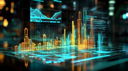 Poster - Holographic 3D visualization showcasing detailed financial growth projections analytics and data insights  Futuristic technology concept for business finance and investment planning