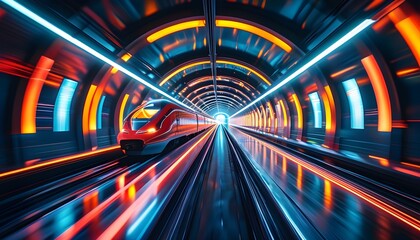 Surreal vibrant futuristic train tunnel illuminated by glowing lights, conveying motion and speed in a captivating atmosphere.