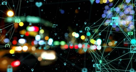 Poster - Network of connected devices and icons animation over blurred city lights background