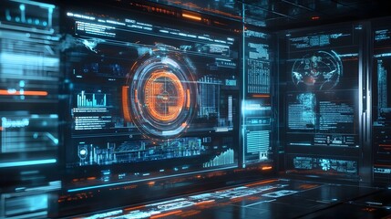 Poster - A holographic display showcasing a futuristic financial planning system with advanced scenario analysis capabilities