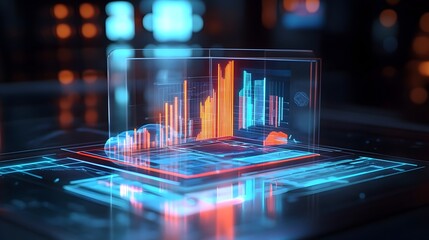 Poster - A futuristic holographic display showcasing a 3D financial report with detailed data visualizations charts and analytics for business and investment insights