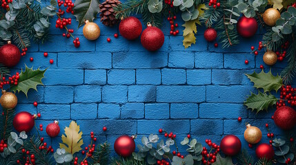 Wall Mural - Christmas decorations with red and gold baubles, green leaves, and pinecones on a bright blue brick wall. Perfect for festive branding, vibrant holiday cards, or seasonal designs