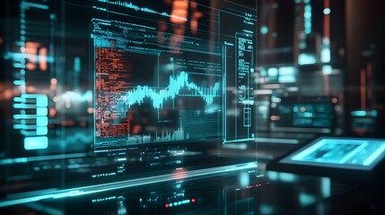 Poster - Holographic representation of a futuristic virtual trading environment displaying detailed financial data and asset analytics on a digital dashboard interface