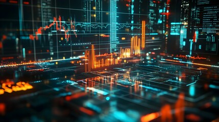 Poster - A futuristic holographic visualization of a virtual trading environment displaying detailed financial asset data and market analytics  The digital interface showcases a modern abstract