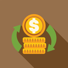 Sticker - Money circulation concept with stack of growing golden coins and green arrows around, financial success, profit, income flat style design vector illustration with long shadow