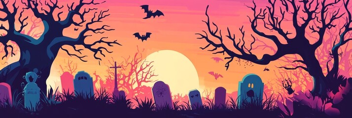 Wall Mural - A spooky Halloween scene with a setting sun, a graveyard full of tombstones, and dead trees. The scene symbolizes the end of life, death, and the afterlife.