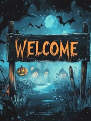 A spooky Halloween welcome sign with glowing Jack-o-Lanterns and bats hanging in the air. The sign is made of wood and has the word 