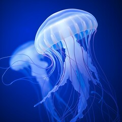 Wall Mural - Jellyfish with flowing tentacles glowing in deep ocean blues
