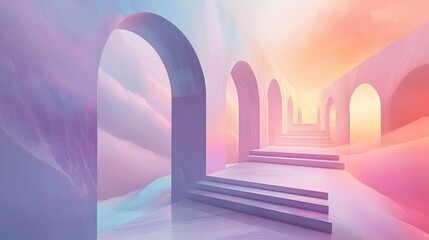 Abstract surreal pastel landscape with floating arches and a podium, bathed in soft light.