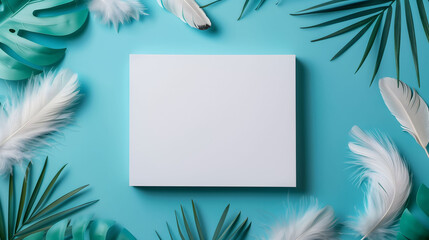 Wall Mural - 3D Blank White Canvas for Art Mockup, Message Note or Quote Text on Light Blue Background