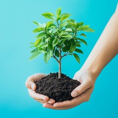 Wall Mural - Close-up of hands holding a small tree sapling with soil against a blue background.